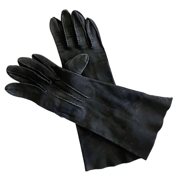 Vintage Leather-Tailored Black Fabric Forearm Long Evening Gloves Size 7 - Picture 2 of 6